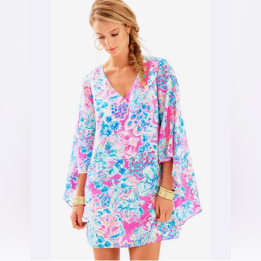 Lilly Pulitzer Miri Silk Caftan Dress Tiki Pink Gypsea Resort Mini - Picture 4 of 14